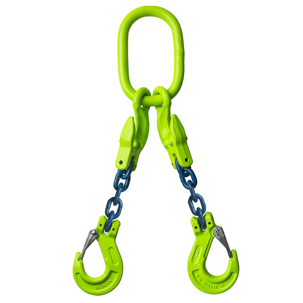 DELTALOCK Grade 100 – 2-leg chain sling 10 mm x 4 meter – With clevis latch hook and grab hook - WLL is based on 0 - 45°