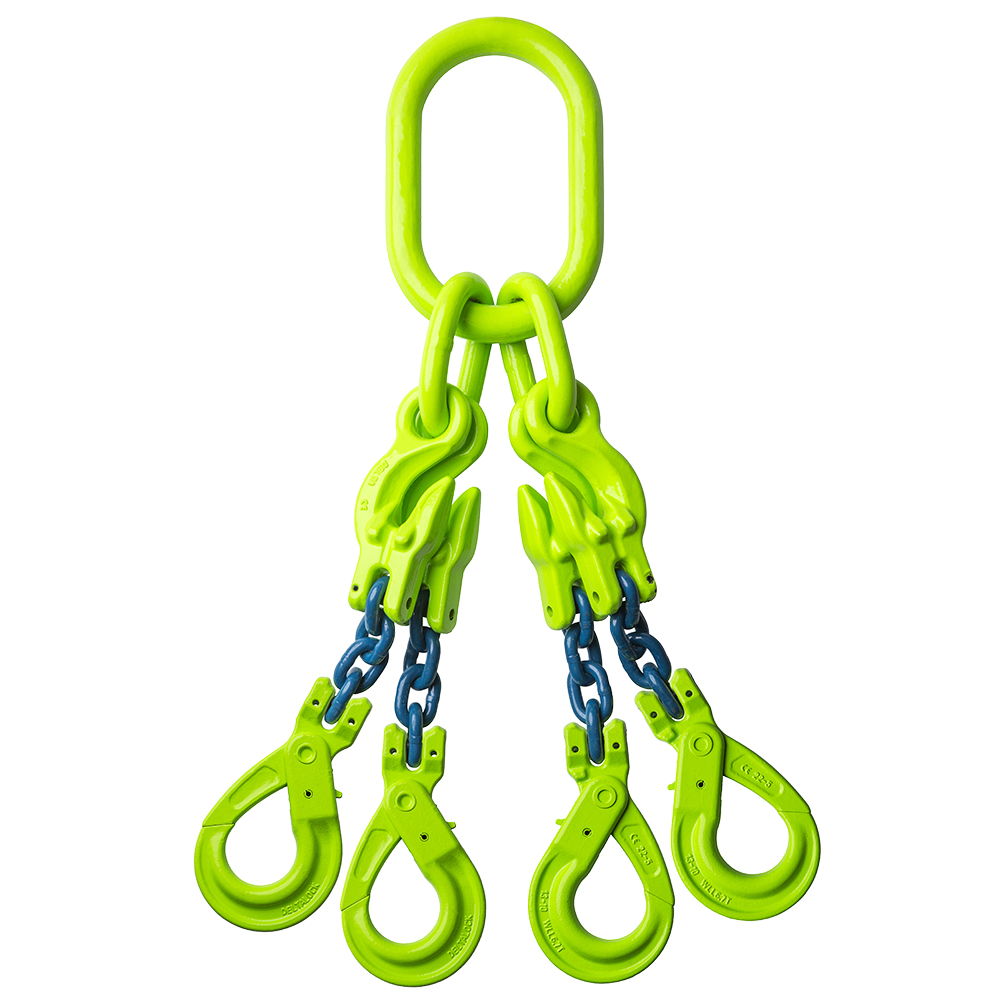 DELTALOCK Grade 100 – 4-leg chain sling 16 mm x 1 meter – With self-locking hook and grab hook - WLL is based on 0 - 45°
