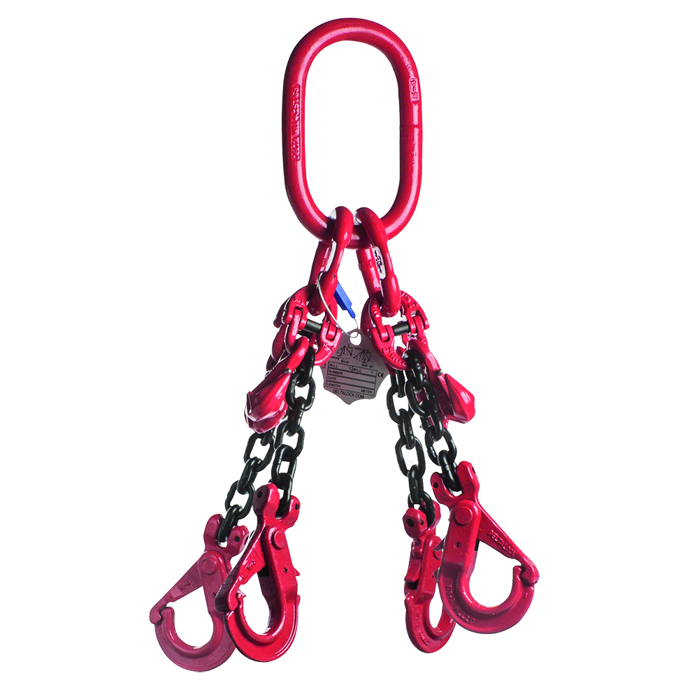 DELTALOCK Grade 80 – 4-leg chain sling 13 mm x 6 meter – With self-locking hook and grab hook - WLL is based on 0 - 45°