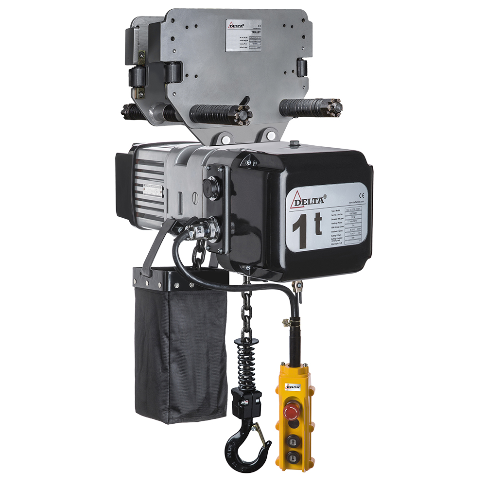 DELTA Electric chain hoist with push trolley DTY – 400V – 1 ton – with 4 meter hoisting height – double speed – 1 chain fall