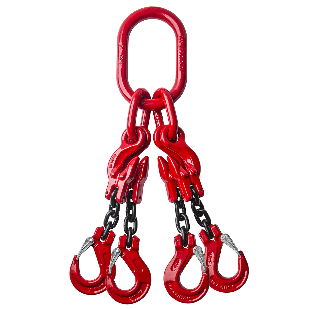 DELTALOCK Grade 80 4-leg chain sling 16 mm / 6 meter with clevis latch hook and grab hook WLL is based on 0 - 45 ° 