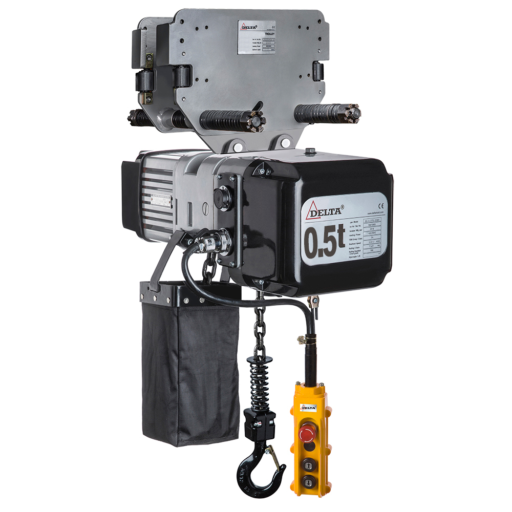 DELTA Electric chain hoist with push trolley DTY – 400V – 0,5 ton – with 3 meter hoisting height – double speed – 1 chain fall