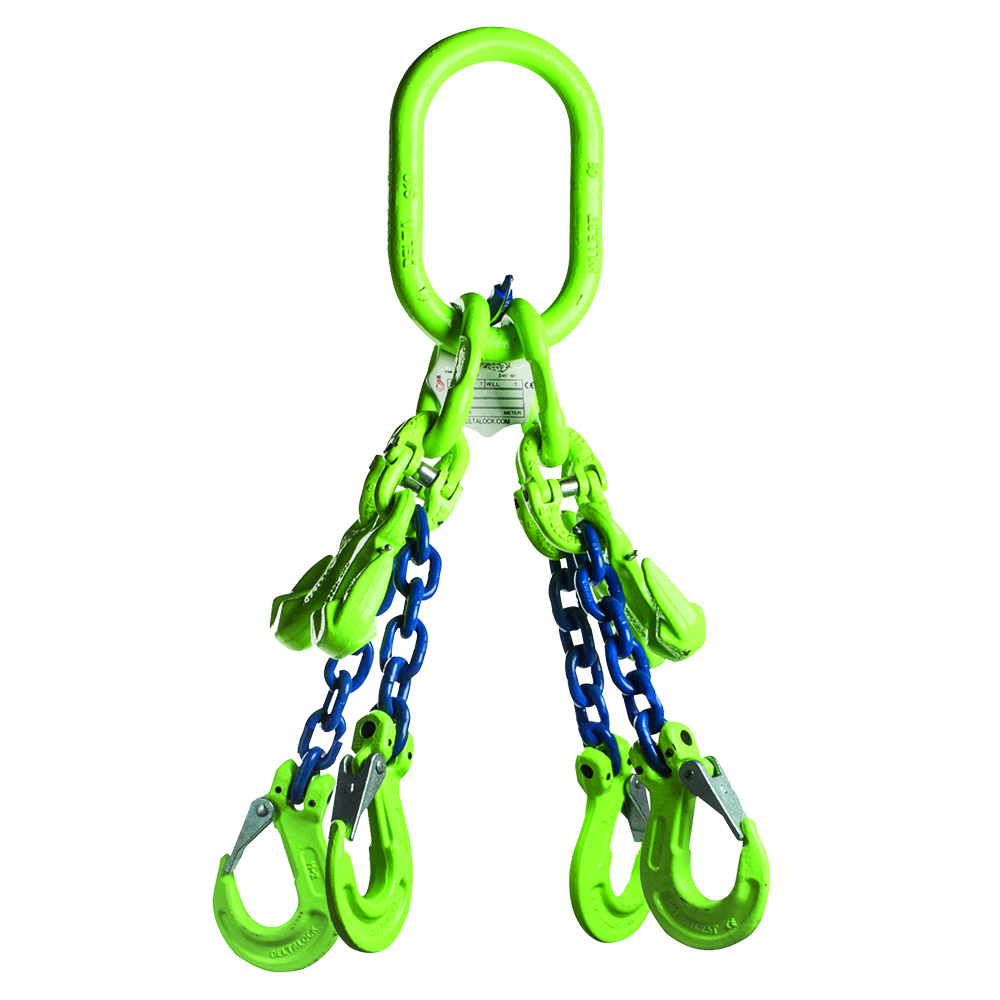 DELTALOCK Grade 100 – 4-leg chain sling 10 mm x 2,5 meter – With clevis latch hook and grab hook - WLL is based on 0 - 45°