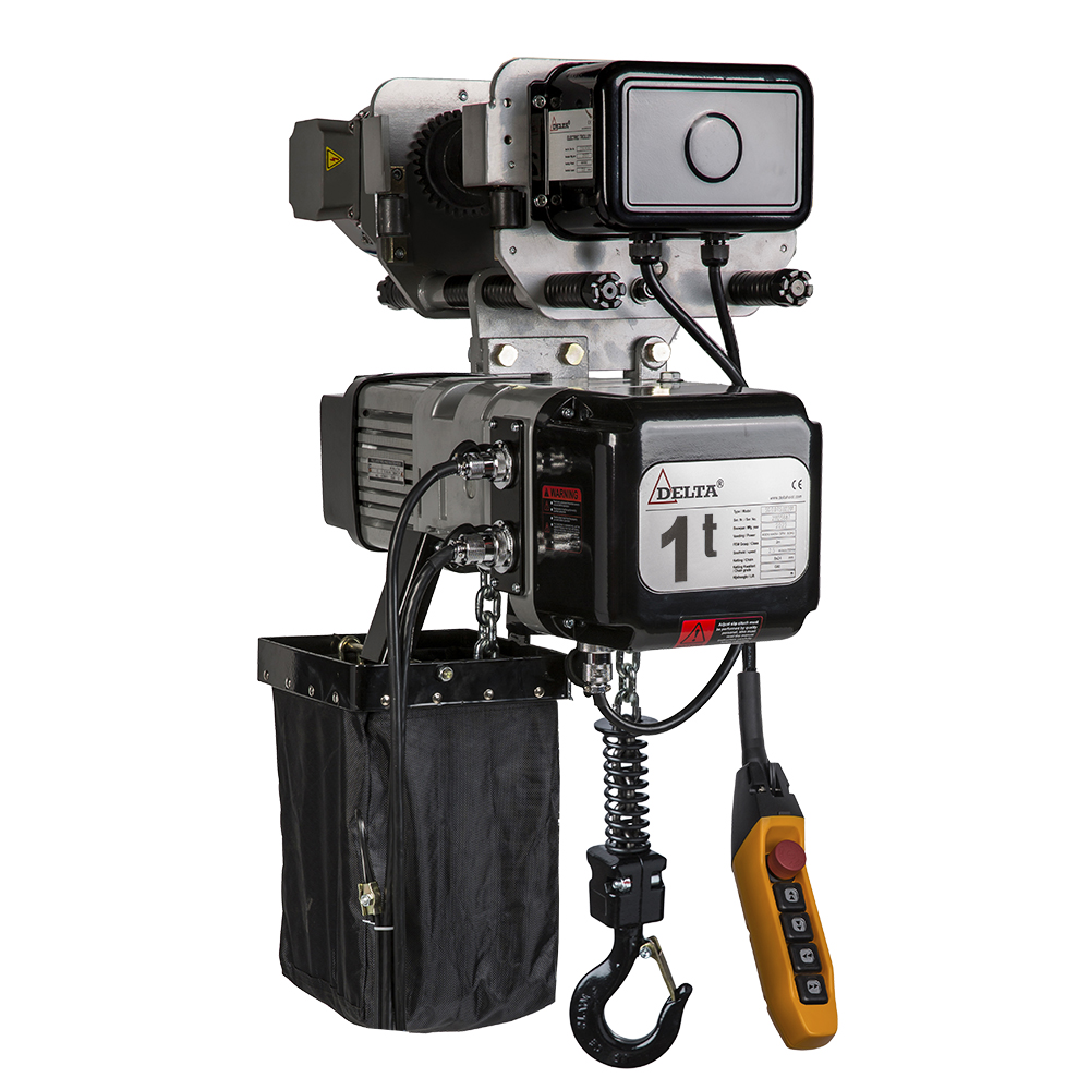 DELTA Electric chain hoist with electric trolley DTD – 400V – 1 ton – with 6 meter hoisting height  – double speed – 1 chain fall