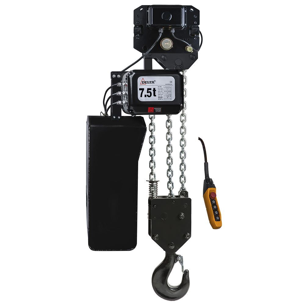 DELTA Electric chain hoist with electric trolley DTD – 400V – 7,5 ton – with 3 meter hoisting height  – double speed – 3 chain falls