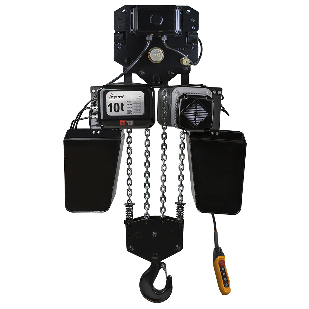 DELTA Electric chain hoist with electric trolley DTD – 400V – 10 ton – with 6 meter hoisting height – single speed – 4 chain falls
