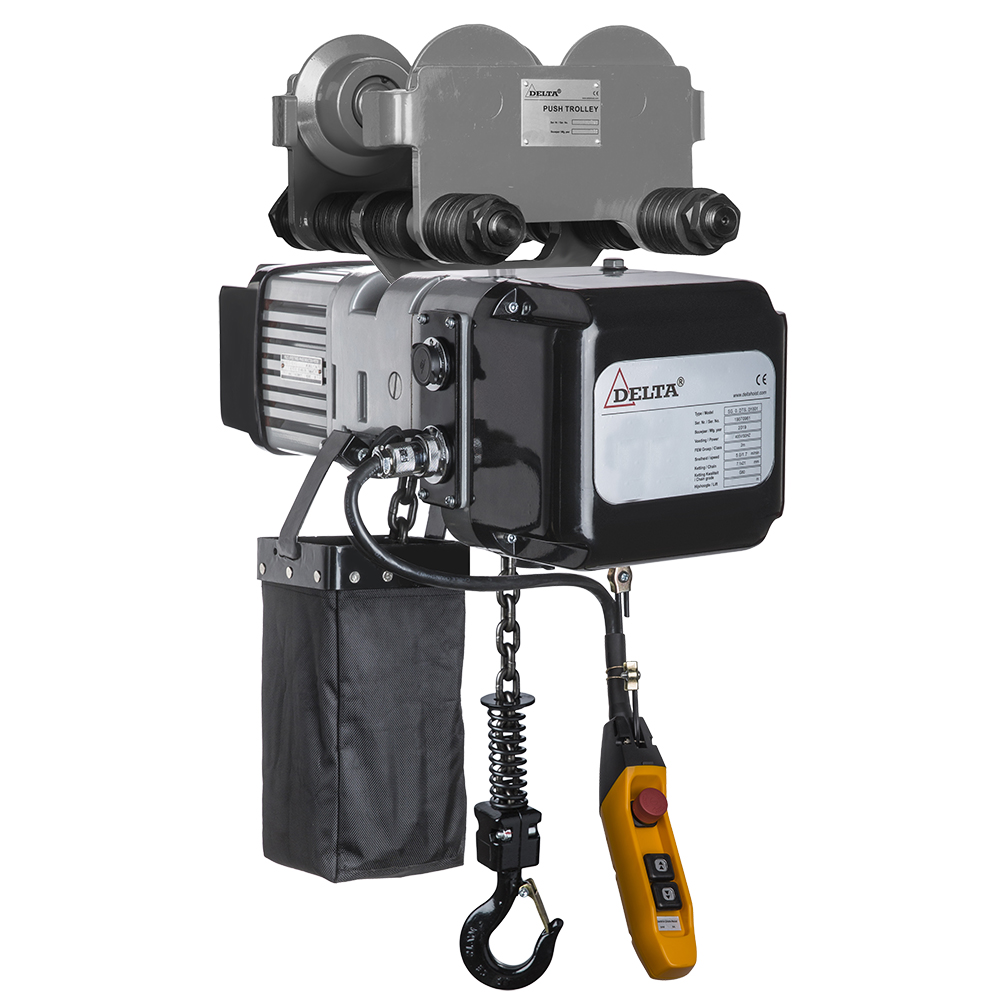 DELTA Electric chain hoist with push trolley DTY – 400V – 0,25 ton – with 3 meter hoisting height – single speed – 1 chain fall