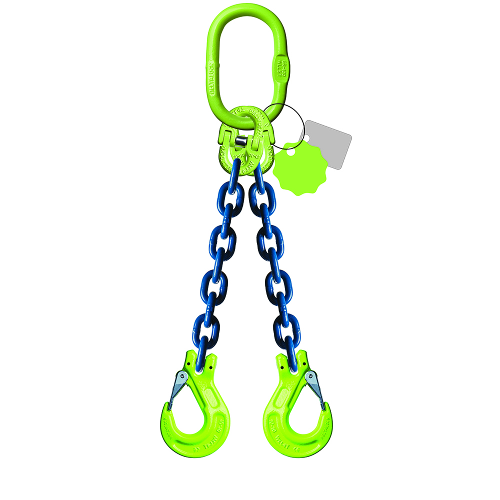 DELTALOCK Grado 100 – Eslingas de cadena 2 ramales – 13 mm x 7 metros – Con ganchos de horquilla con pestillo de seguridad – WLL se basa en 0 - 45°