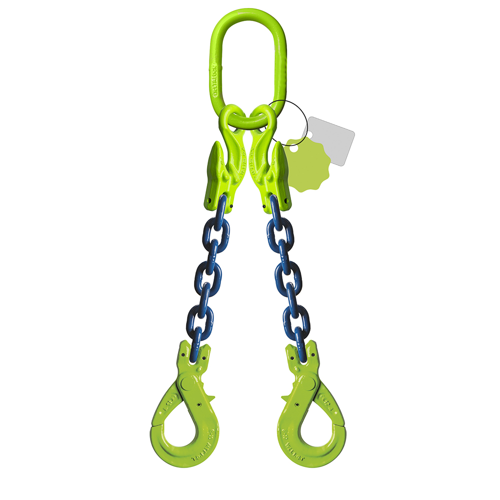 DELTALOCK Grade 100 – 2-leg chain sling 10 mm x 1,5 meter – With self-locking hook and grab hook - WLL is based on 0 - 45°