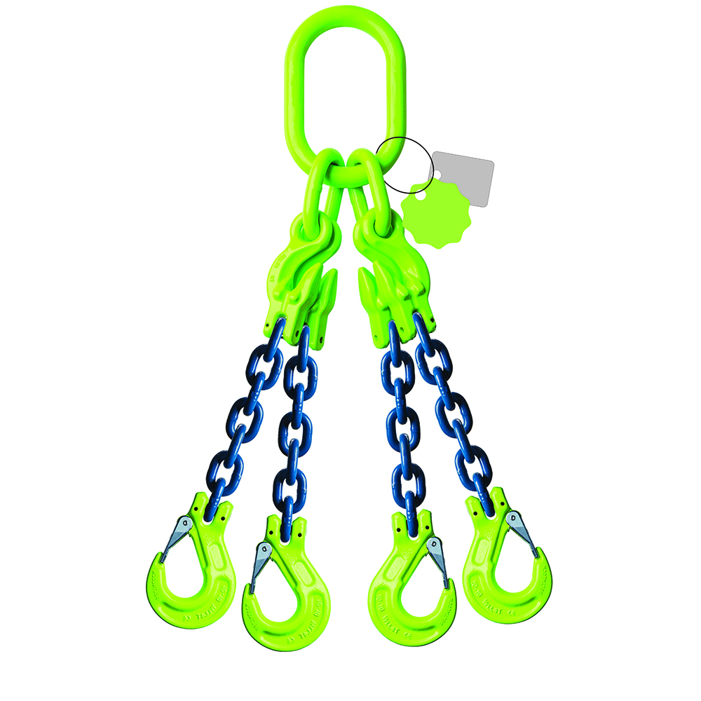 DELTALOCK Grade 100 – 4-leg chain sling 6 mm x 2 meter – With clevis latch hook and grab hook - WLL is based on 0 - 45°