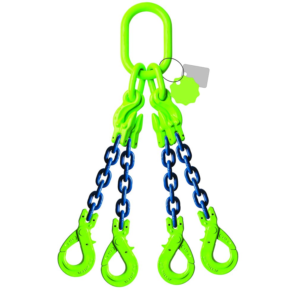 DELTALOCK Grade 100 – 4-leg chain sling 6 mm x 5 meter – With self-locking hook and grab hook - WLL is based on 0 - 45°