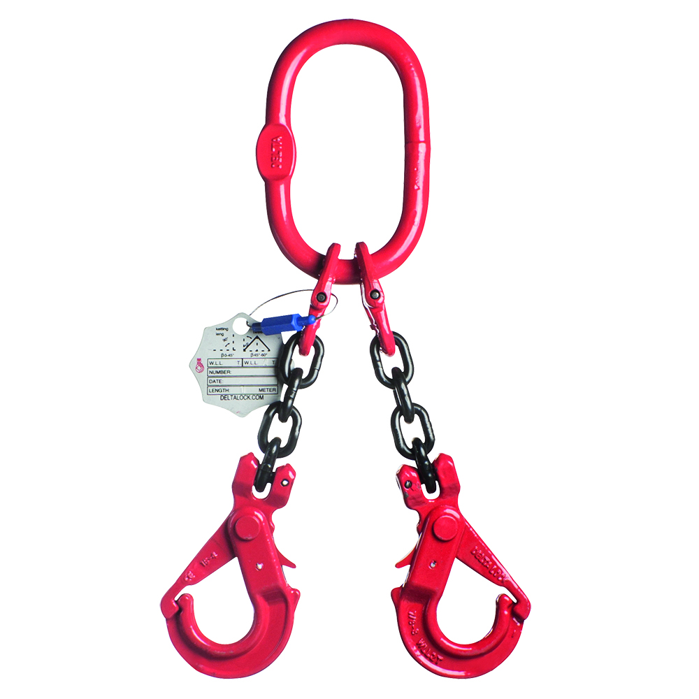 DELTALOCK Grade 80 2-leg chain sling 13 mm / 5 meter with self-locking hook WLL is based on 0 - 45 °