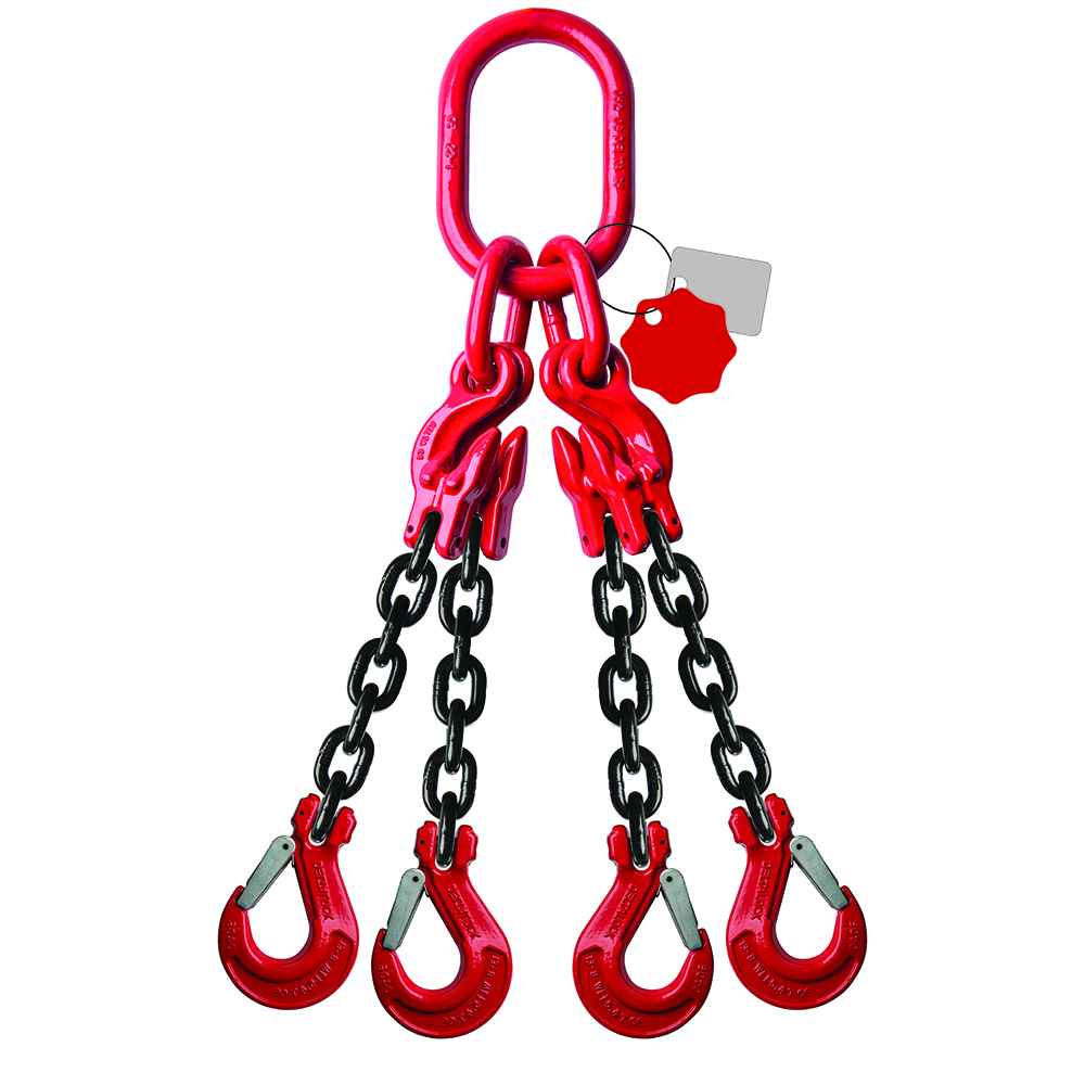 DELTALOCK Grade 80 4-leg chain sling 10 mm / 3 meter with clevis latch hook and grab hook WLL is based on 0 - 45 °