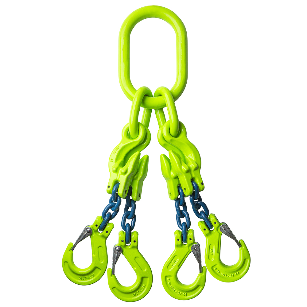 DELTALOCK Grade 100 – 4-leg chain sling 16 mm x 2,5 meter – With clevis latch hook and grab hook - WLL is based on 0 - 45°