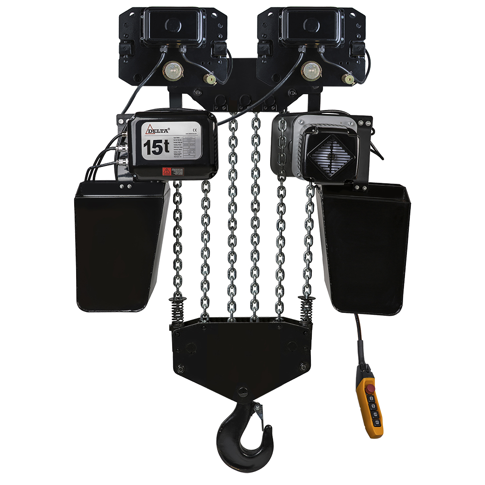 DELTA Electric chain hoist with electric trolley DTD – 400V – 15 ton – with 10 meter hoisting height  – double speed – 6 chain falls