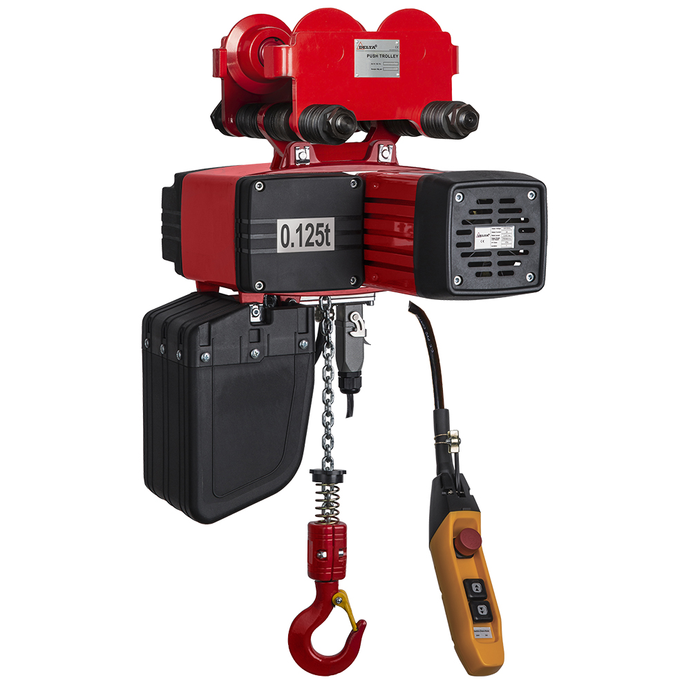 DELTA Electric chain hoist with push trolley DEY – 400V – 0,125 ton – with 6 meter hoisting height – double speed – 1 chain fall