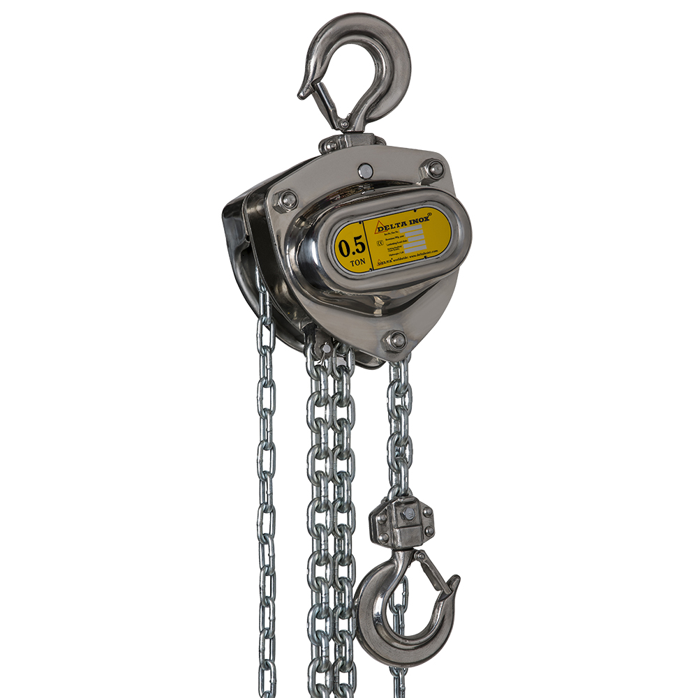 DELTA INOX Polipasto manual de cadena de acero inoxidable con cadena de carga y cadena manual de acero inoxidable – 0,5 ton