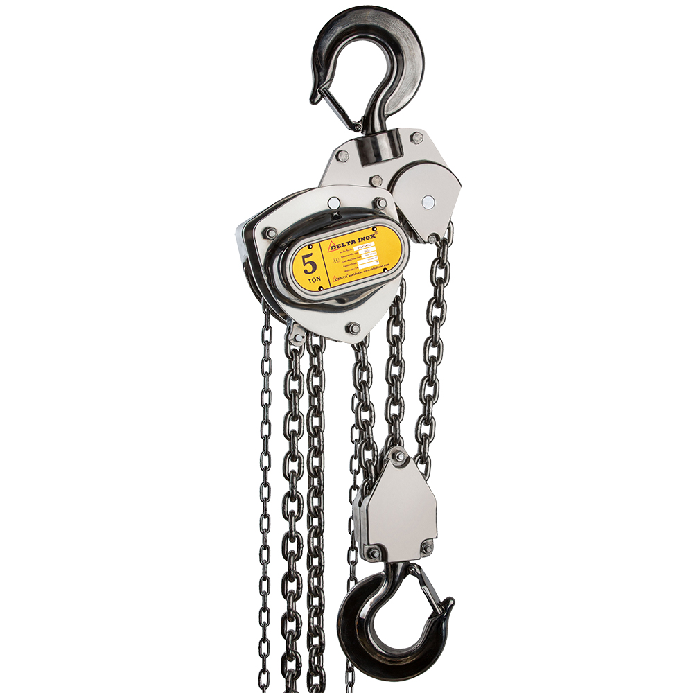 DELTA INOX Palan à chaîne manuel en acier inoxydable avec chaîne de charge et chaîne manuelle en acier inoxydable – 5 ton
