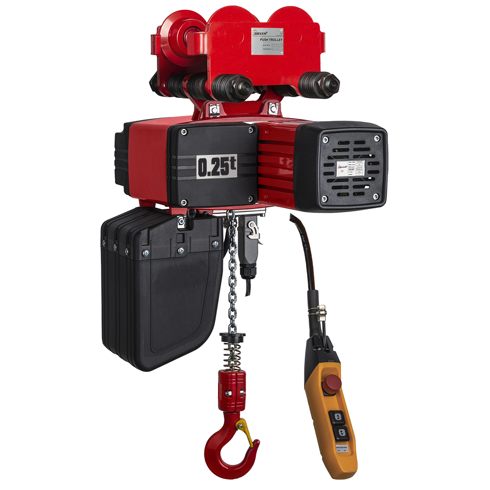 DELTA Electric chain hoist with push trolley DEY – 400V – 0,25 ton – with 6 meter hoisting height – double speed – 1 chain fall