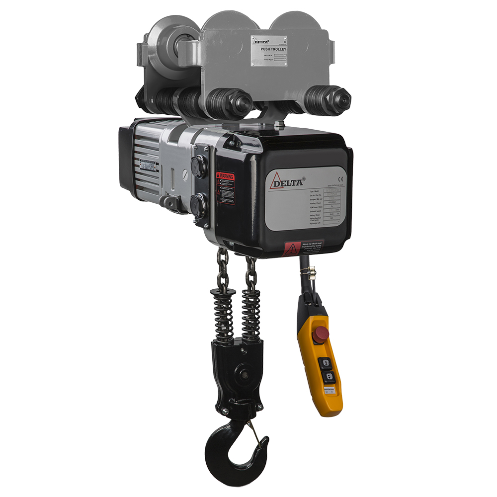 DELTA Electric chain hoist with push trolley DTY – 400V – 2 ton – with 6 meter hoisting height – double speed – 2 chain fall