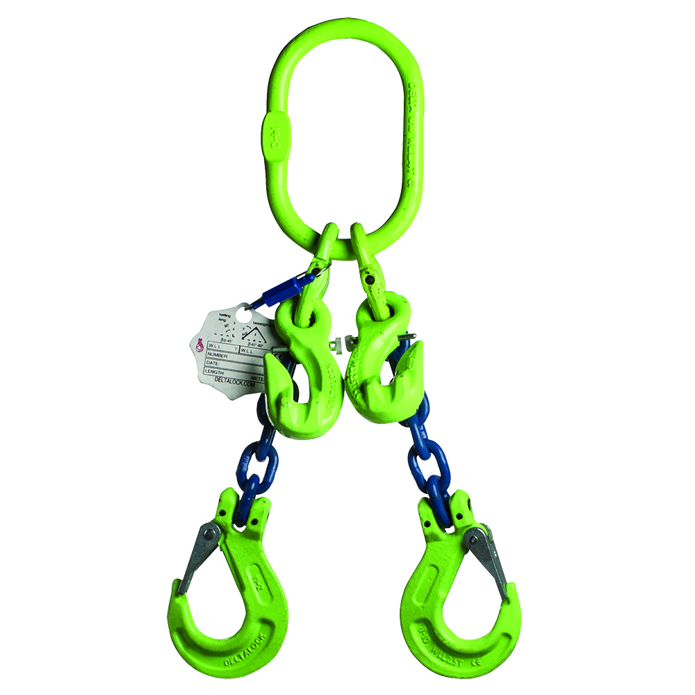 DELTALOCK Grade 100 – 2-leg chain sling 13 mm x 1,5 meter – With clevis latch hook and grab hook - WLL is based on 0 - 45°