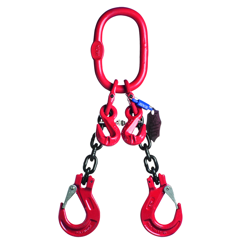 DELTALOCK Grade 80 – 2-leg chain sling 20 mm x 3 meter – With clevis latch hook and grab hook - WLL is based on 0 - 45°