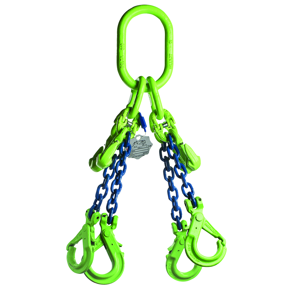 DELTALOCK Grade 100 – 4-leg chain sling 16 mm x 2 meter – With self-locking hook and grab hook - WLL is based on 0 - 45°