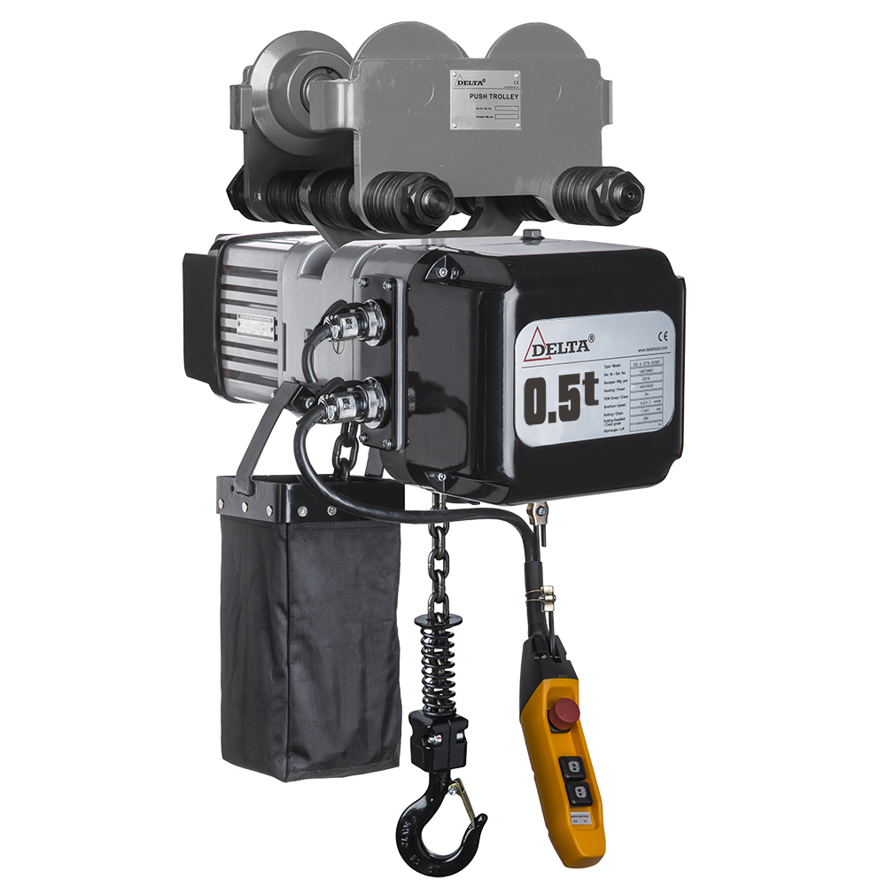 DELTA Electric chain hoist with push trolley DMY – 230V – 0,5 ton – with 6 meter hoisting height – single speed – 1 chain fall