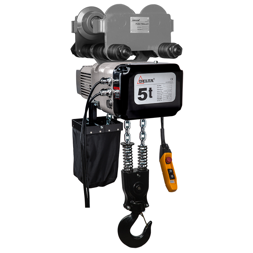 DELTA Electric chain hoist with push trolley DTY – 400V – 5 ton – with 6 meter hoisting height – double speed – 2 chain fall