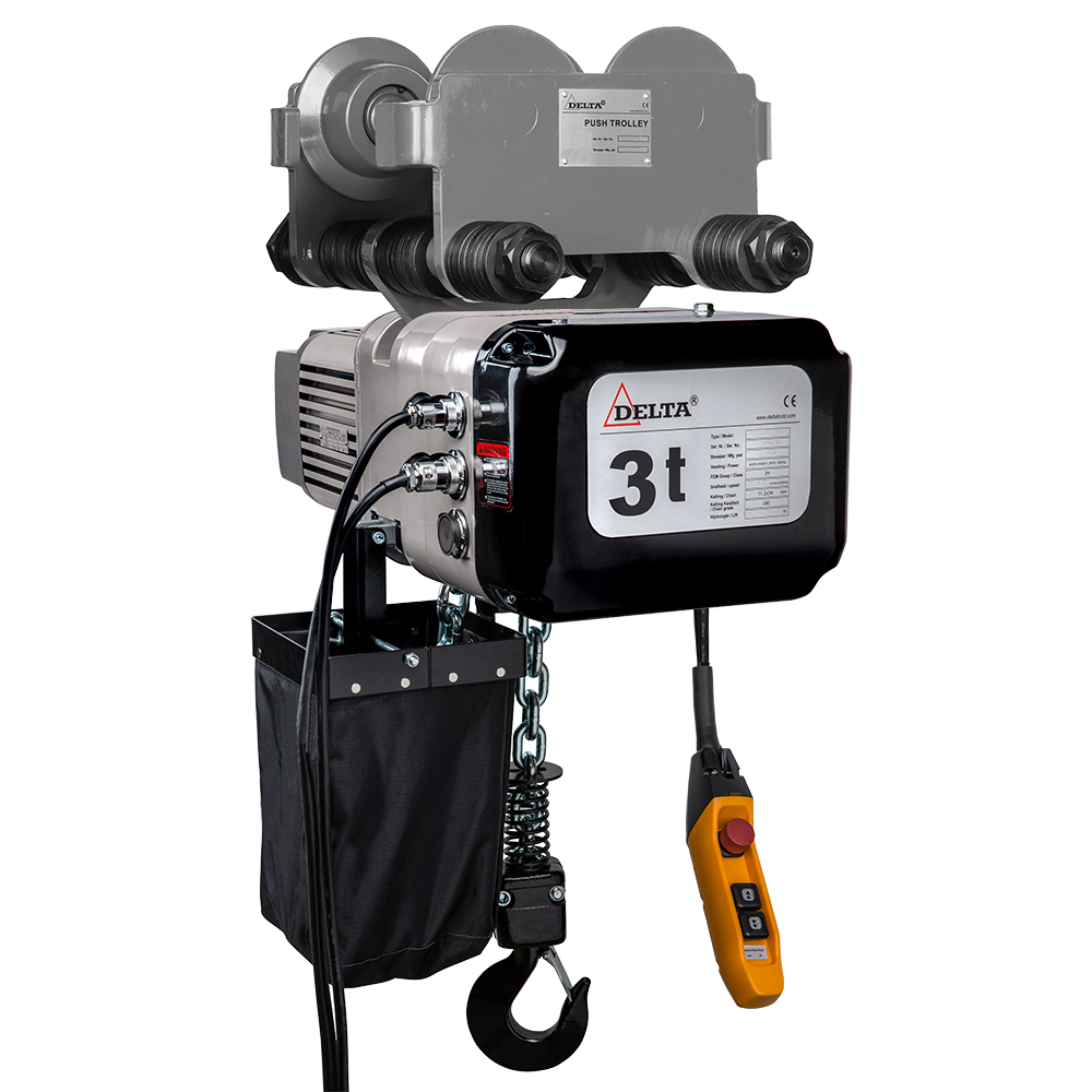 DELTA Elektrischer Kettenzug mit Laufkatze mit Handfahrwerk DTY – 400V – 3 Ton – mit 10 Meter Hubhöhe – 1 Geschwindigkeit – 1 Strang