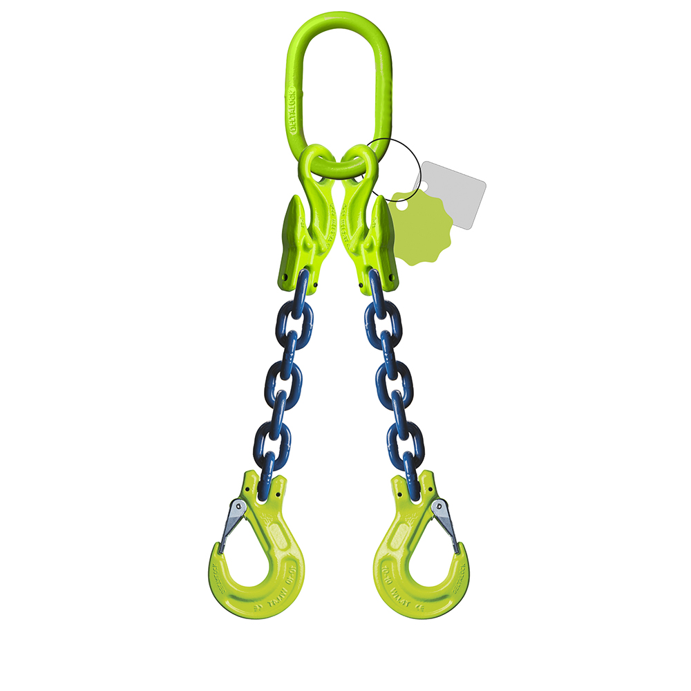 DELTALOCK Grade 100 – 2-leg chain sling 16 mm x 5 meter – With clevis latch hook and grab hook - WLL is based on 0 - 45°