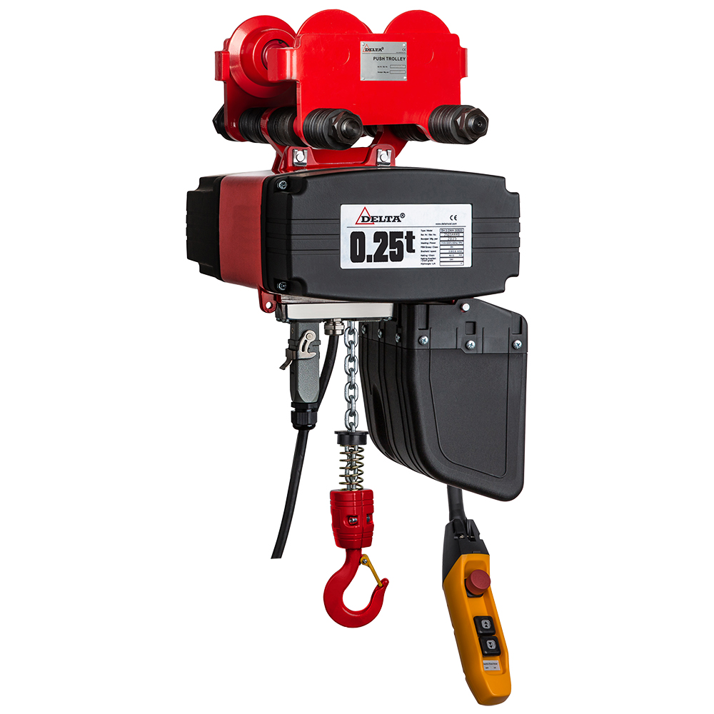 DELTA Electric chain hoist with push trolley DH DMY – 230V – 0,25 ton – with 10 meter hoisting height – double speed – 1 chain fall