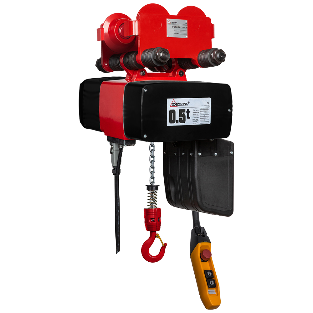 DELTA Polipasto eléctrico de cadena con carro manual de empuje DH DMY – 230V – 0,5 ton - con altura de elevación 3 metros – doble velocidad – 1 ramales