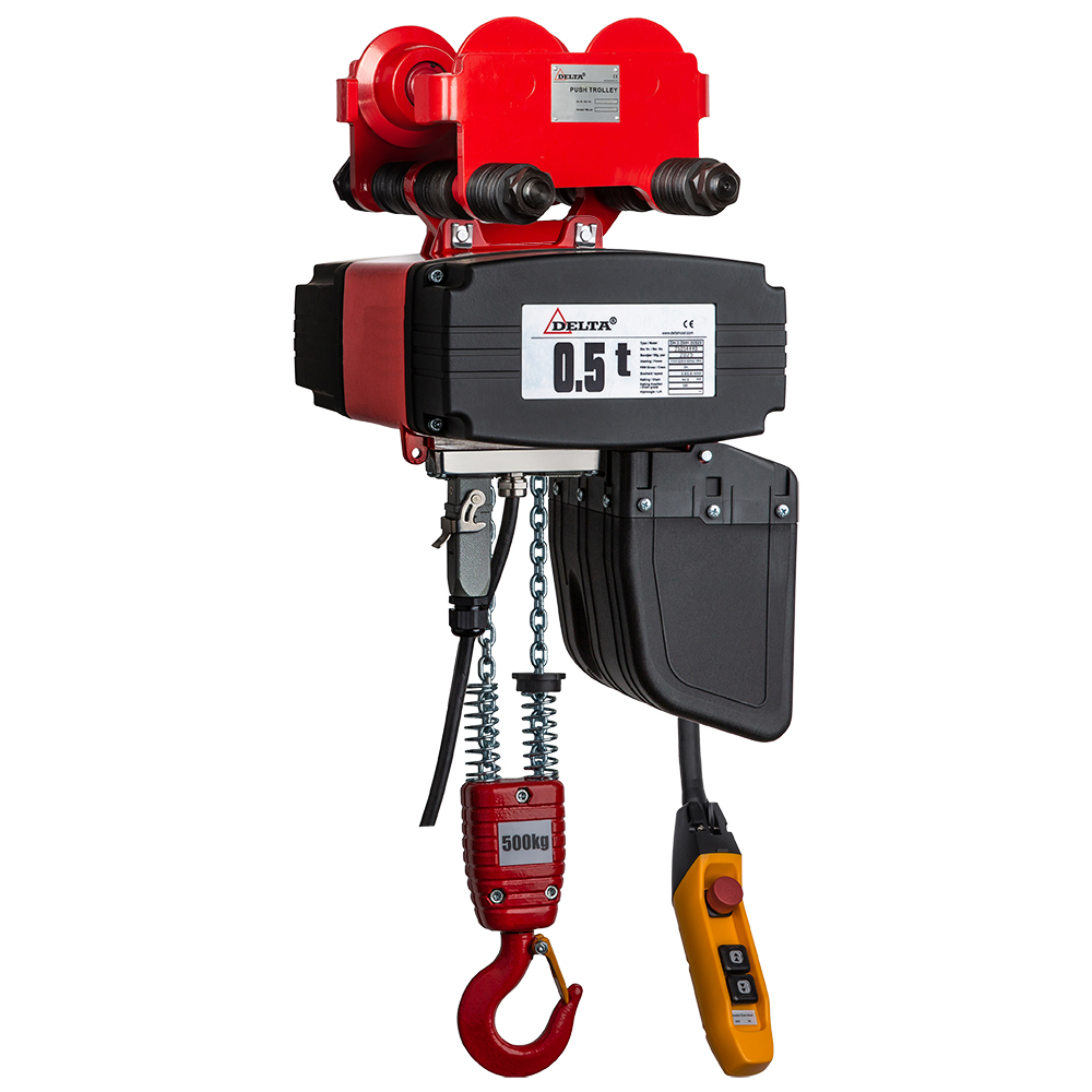 DELTA Elektrischer Kettenzug mit Laufkatze mit Handfahrwerk DMY – 230V – 0,5 Ton – mit 6 Meter Hubhöhe – 2 Geschwindigkeiten – 2 Strang
