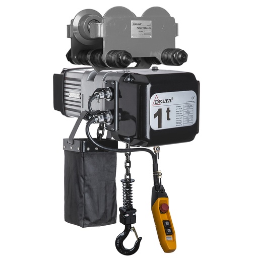 [SG.0.DMY.01001.10] DELTA Electric chain hoist with push trolley DMY – 230V – 1 ton – with 10 meter hoisting height – single speed – 1 chain fall