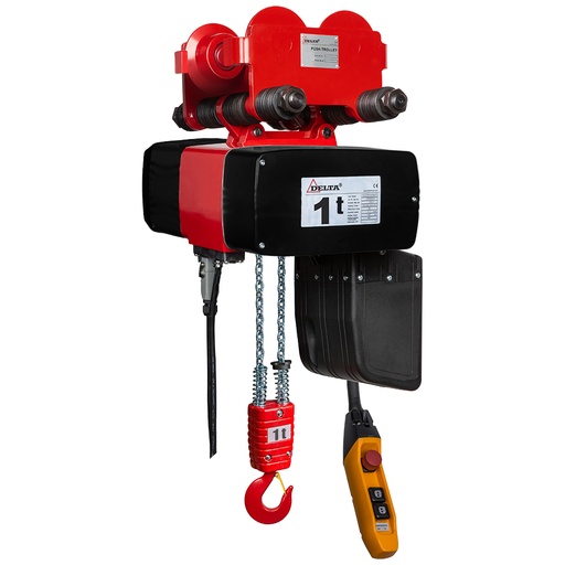 [DH.0.DMY.01003.10] DELTA Electric chain hoist with push trolley DH DMY – 230V – 1 ton – with 10 meter hoisting height – double speed – 2 chain falls